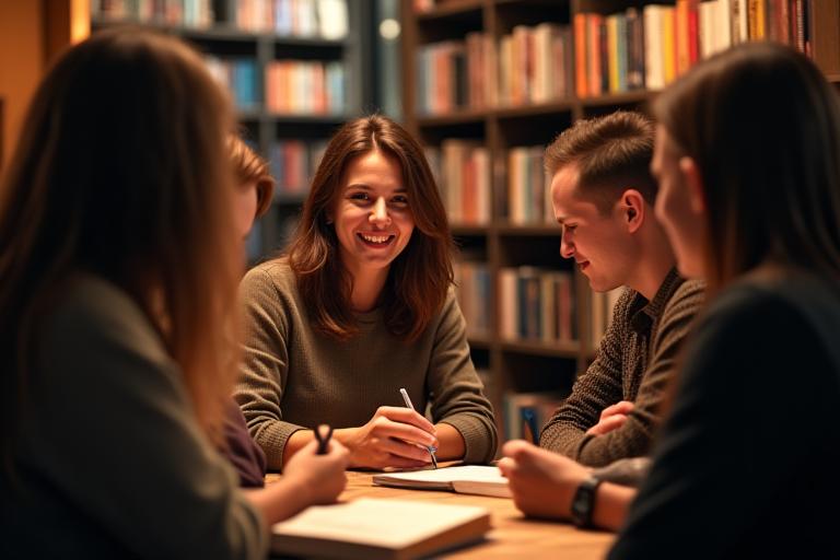 Autor firmando libros en un pequeño evento, con entusiastas lectores alrededor