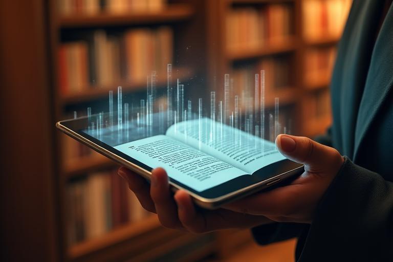 Persona usando una tablet para leer un e-book con un gráfico de recomendaciones digitales en el fondo