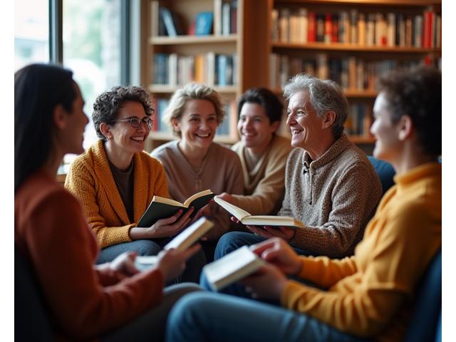 Grupo diverso de lectores sonriendo y charlando antes de un club de lectura