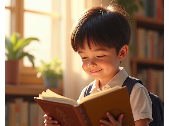 Un niño leyendo un libro en una biblioteca escolar, simbolizando la colaboración
