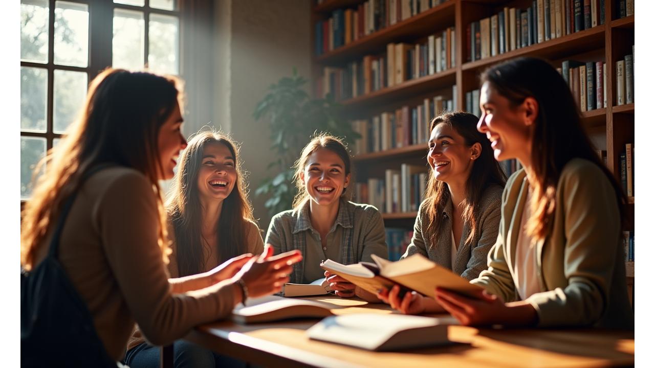 Grupo de personas sonriendo y debatiendo animadamente con libros en una librería acogedora