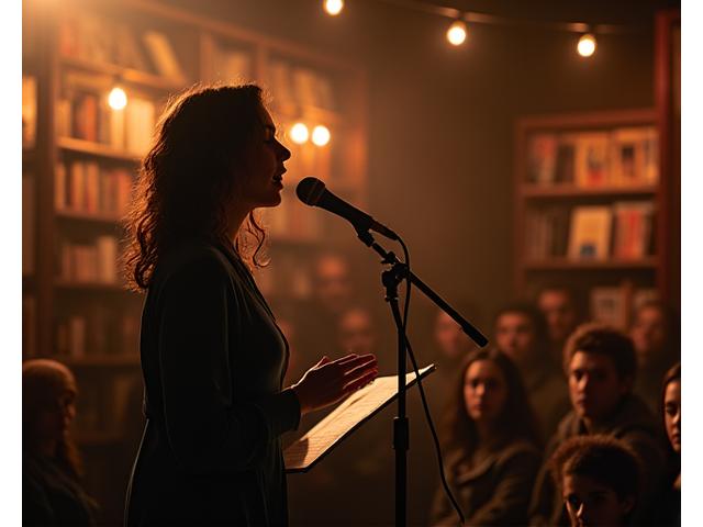 Poeta recitando en un micrófono en un ambiente íntimo de librería