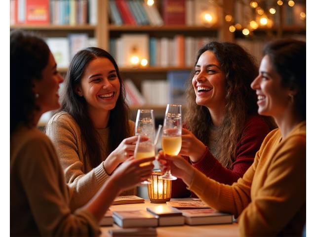 Grupo de personas sonriendo durante un brindis en una librería