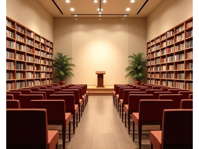Escenario de lectura acogedor con sillas y atril en una librería