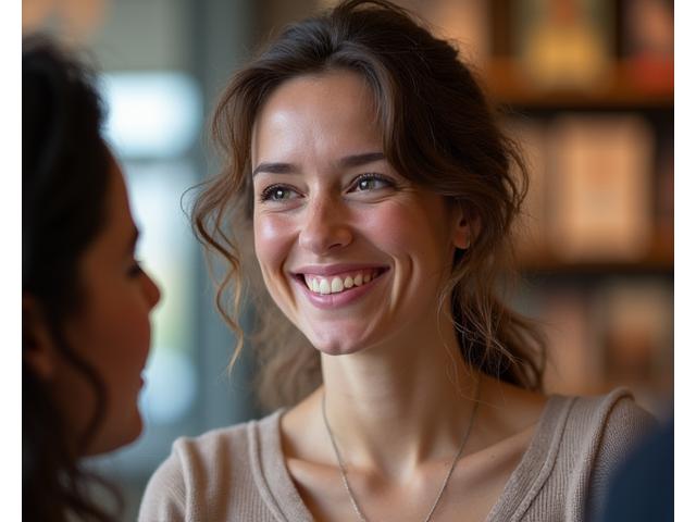 Retrato de una autora sonriente en un evento