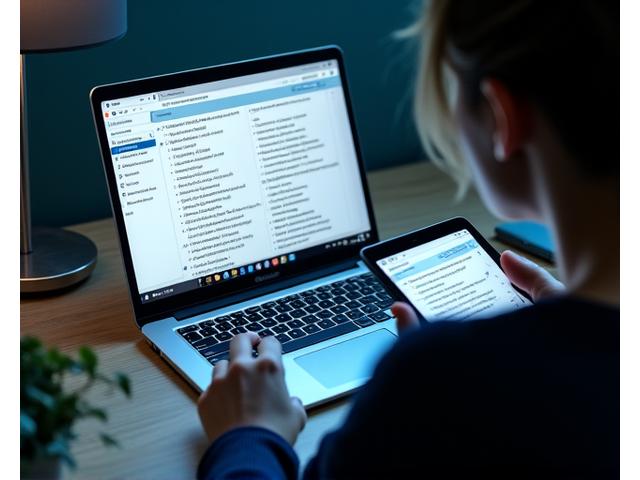 Estudiante interactuando con una tablet y un portátil, accediendo a e-books y bases de datos académicas, simbolizando recursos digitales.