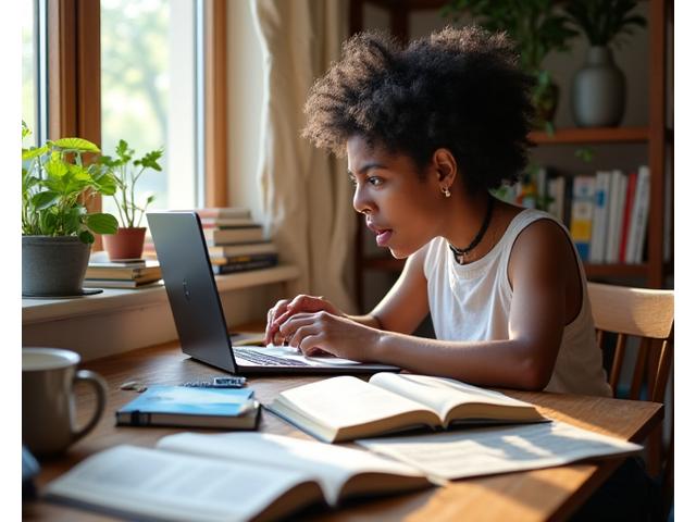 Un estudiante utilizando múltiples recursos para estudiar: portátiles, libros, y material para tomar apuntes, sugiriendo un ambiente de apoyo para el estudio.