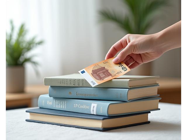Pila de libros de texto universitarios usados con una mano colocando dinero encima, simbolizando el programa de recompra.