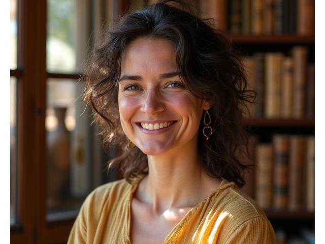 Irene Vallejo sonriente en una biblioteca