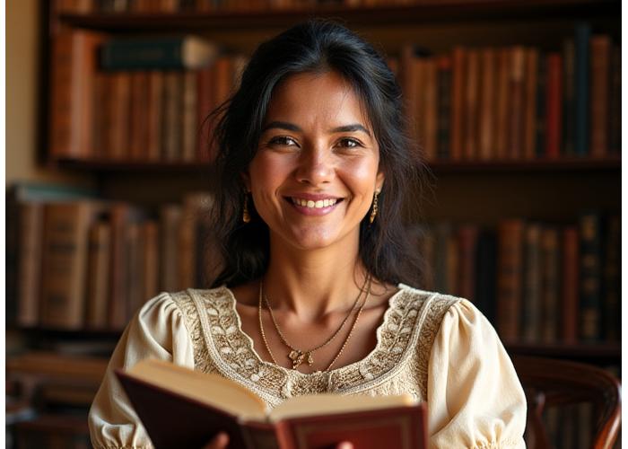 Retrato de una escritora mestiza sonriendo, con un fondo de libros.