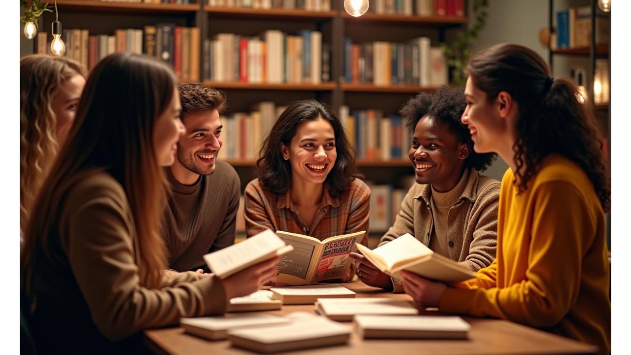 Grupo de personas sonriendo y charlando en un evento literario, con libros de diferentes idiomas en las mesas, en un ambiente acogedor