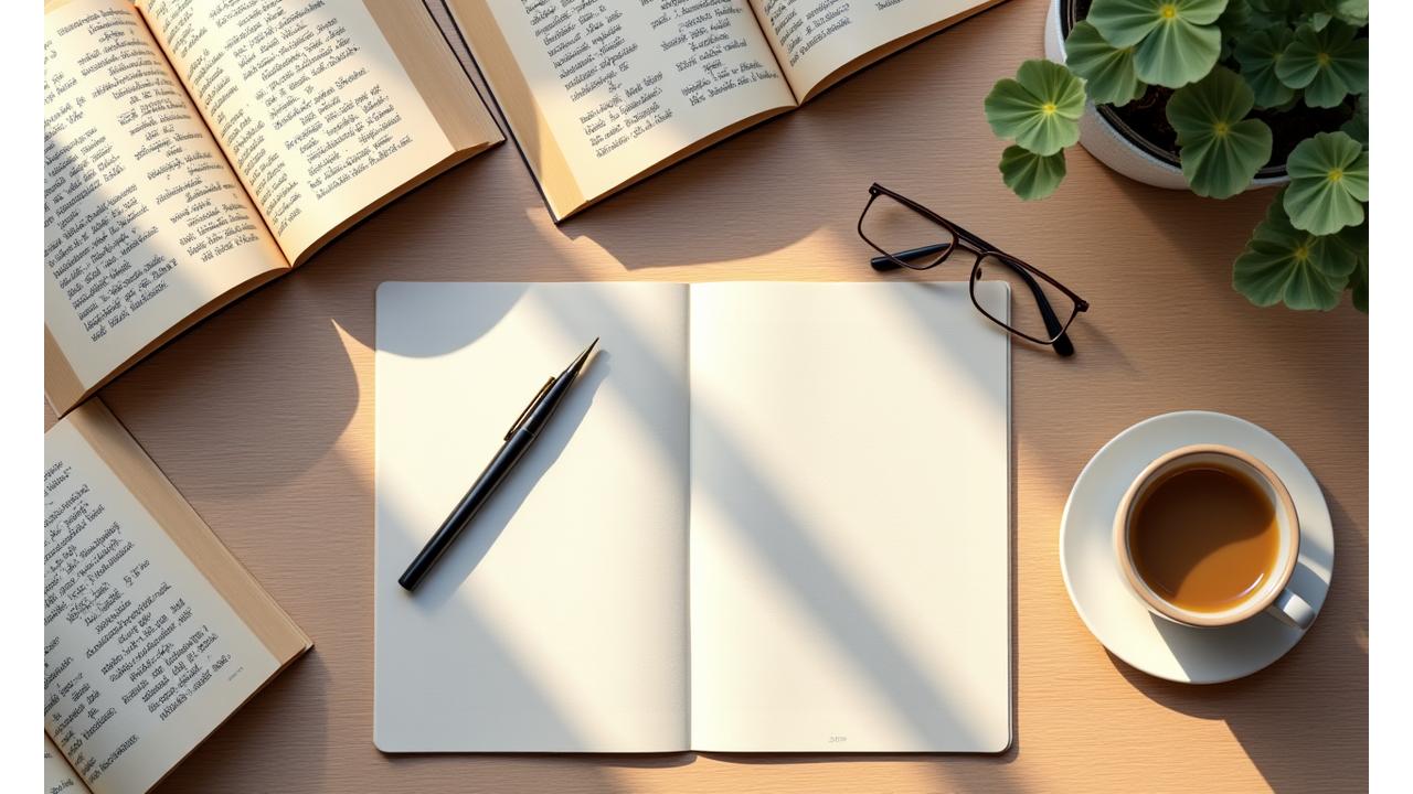 Escritorio de estudio con libros de idiomas, cuaderno y una taza de café, enfocado en el aprendizaje